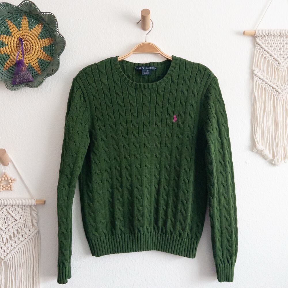 Ralph Lauren Olive Green Cable Knit Crewneck Sweater
